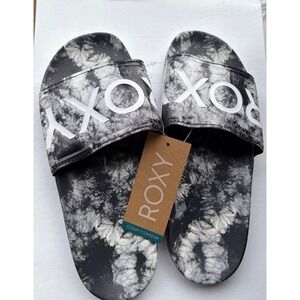 Roxy Slippy Printed Slides Womens 8 Black White Tie Dye Sandals NEW